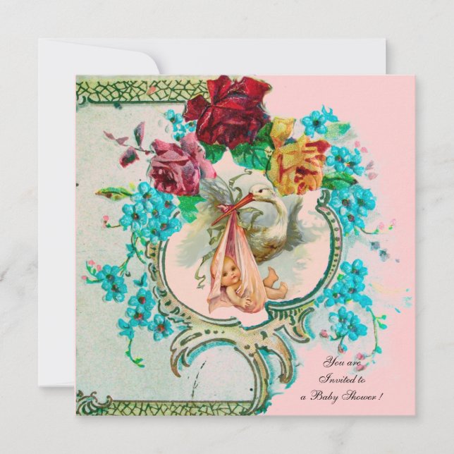 STORK-BABY-MÄDCHEN MIT PINKROSEN UND BLUME ANKÜNDIGUNG (Vorderseite)