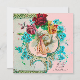 STORK-BABY-MÄDCHEN MIT PINKROSEN UND BLUME ANKÜNDIGUNG