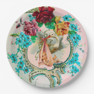 STORK-BABY-MÄDCHEN MIT PINKROSEN UND BLUME PAPPTELLER