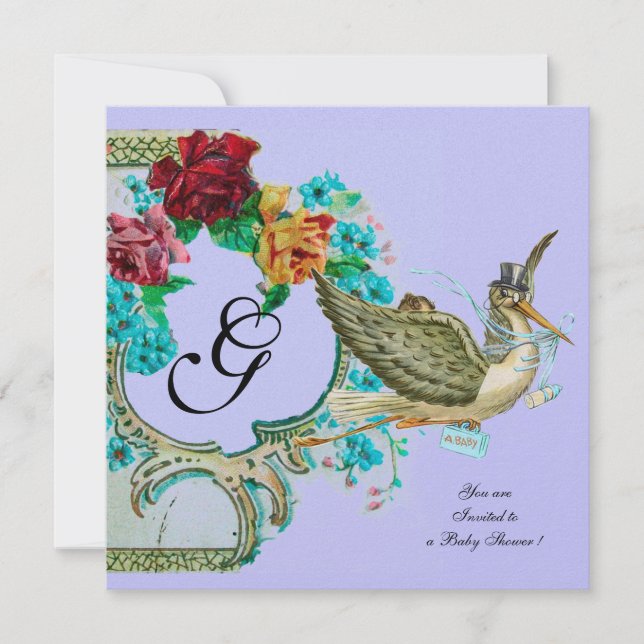 STORK BABY SHOWER 3 MONOGRAMM Weißer Champagner Einladung (Vorderseite)