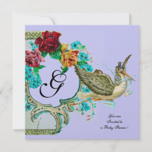 STORK BABY SHOWER 3 MONOGRAMM Weißer Champagner Einladung