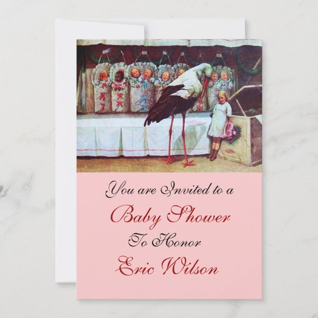 STORK BABY SHOWER 3, rosa, gold, metallisch Einladung (Vorderseite)
