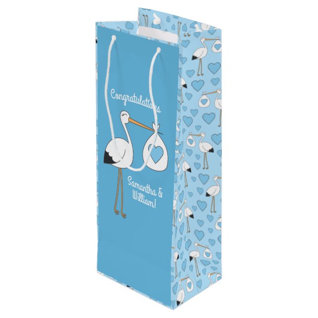 Stork Baby Shower Blue Boy Geschenktüte Für Weinflaschen (Rückseite Schrägansicht)