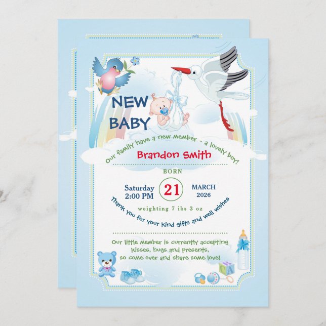 Stork Baby Shower Invitation Einladung (Vorne/Hinten)