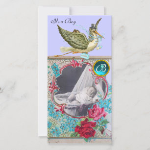 STORK BABY SHOWER MONOGRAM, aquamarin Ankündigung