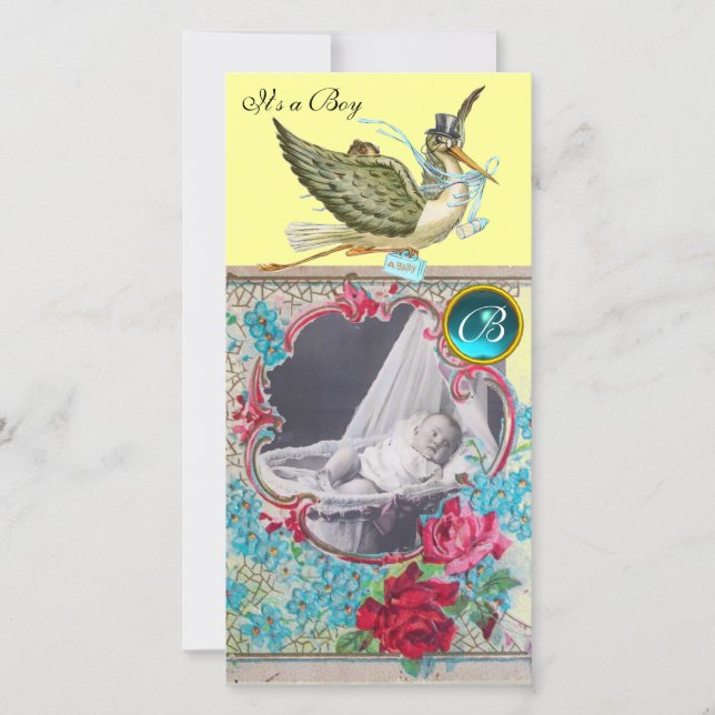 STORK BABY SHOWER MONOGRAM, aquamarin Ankündigung (Vorderseite)