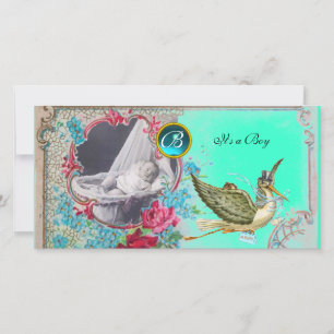 STORK BABY SHOWER MONOGRAM, aquamarin, weiß Ankündigung