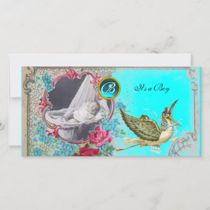 STORK BABY SHOWER MONOGRAM, aquamarin, weiß Ankündigung