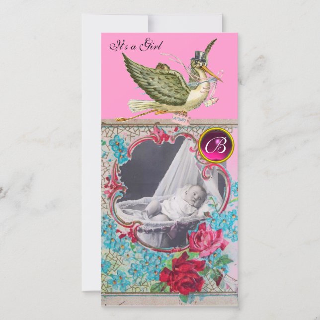 STORK BABY SHOWER MONOGRAM, ruby Ankündigung (Vorderseite)