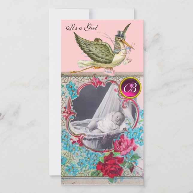 STORK BABY SHOWER MONOGRAM, ruby Ankündigung (Vorderseite)