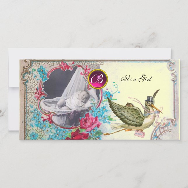 STORK BABY SHOWER MONOGRAM, ruby, creme Ankündigung (Vorderseite)