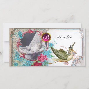 STORK BABY SHOWER MONOGRAM, ruby, weiß Ankündigung