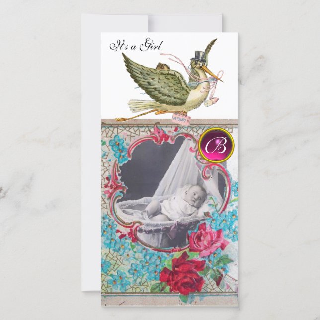 STORK BABY SHOWER MONOGRAM ,ruby-white Ankündigung (Vorderseite)