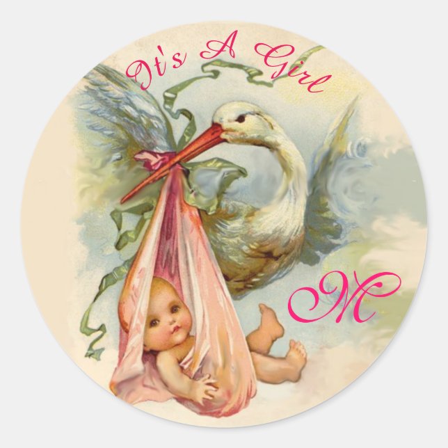 STORK BABY SHOWER MONOGRAM , RUNDER AUFKLEBER (Vorderseite)