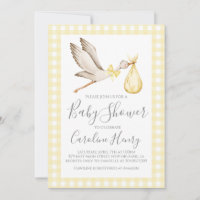 Stork Baby Shower Preppy Gingham Neutral Yellow