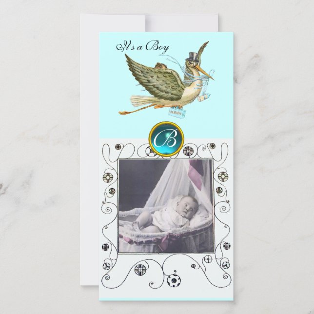 STORK BABY SHOWER WIRBEL MONOGRAM aquamarine Ankündigung (Vorderseite)