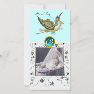 STORK BABY SHOWER WIRBEL MONOGRAM aquamarine Ankündigung