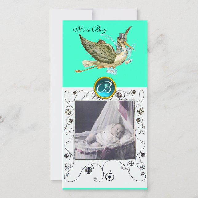 STORK BABY SHOWER WIRBEL MONOGRAM aquamarine Ankündigung (Vorderseite)