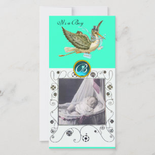 STORK BABY SHOWER WIRBEL MONOGRAM aquamarine Ankündigung