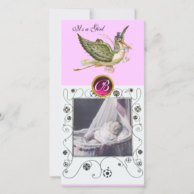 STORK BABY SHOWER WIRBEL MONOGRAM ruby white Ankündigung (Vorderseite)