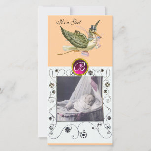 STORK BABY SHOWER WIRBEL MONOGRAM, ruby white Ankündigung