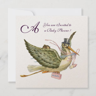 STORK BABY SHOWM MONOGRAM, gold-metallisch Einladung