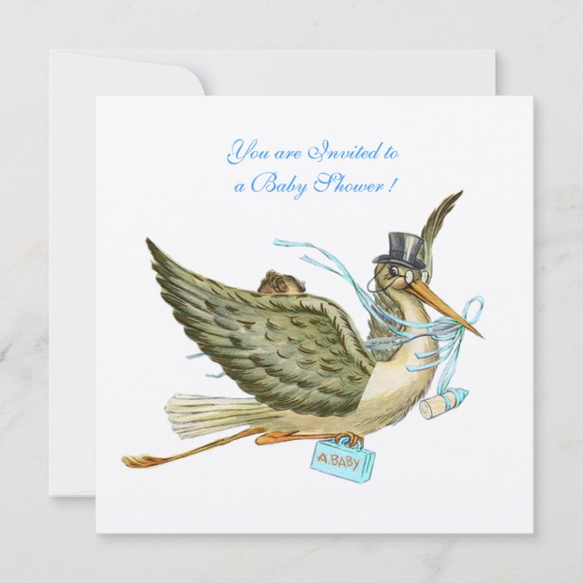 STORK BABY SHOWY, weißer Champagner metallisch Einladung (Vorderseite)