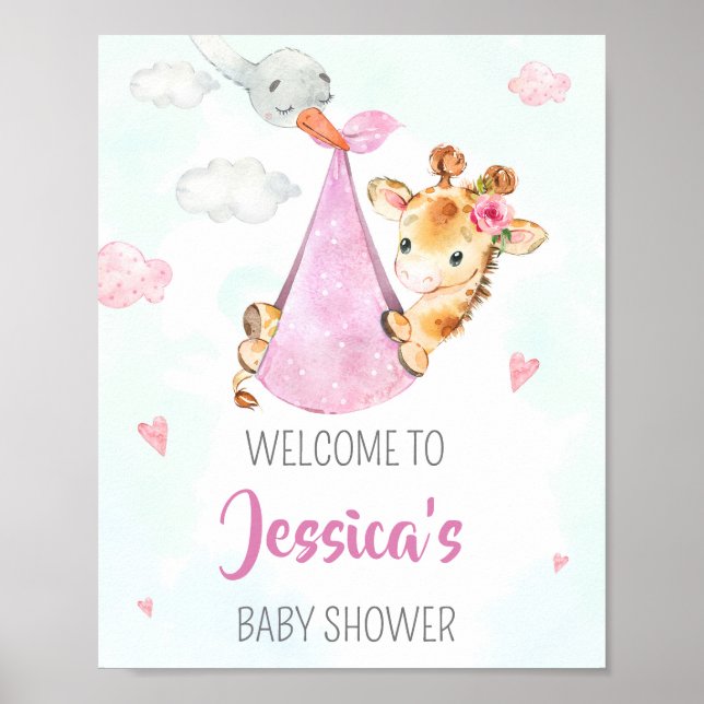 Stork Begrüßung Party Zeichen Girl giraffe Party P Poster (Vorne)