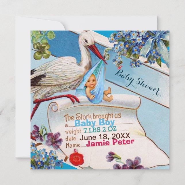 STORK, BLUME JA BABY ZEIGEN GEBURTSSTATT EINLADUNG (Vorderseite)