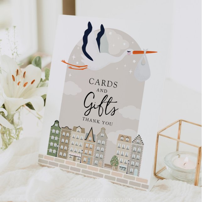 Stork Boho Babydusche Decke Karten und Geschenke Z Sockelschild (Boho Baby Shower Stork)