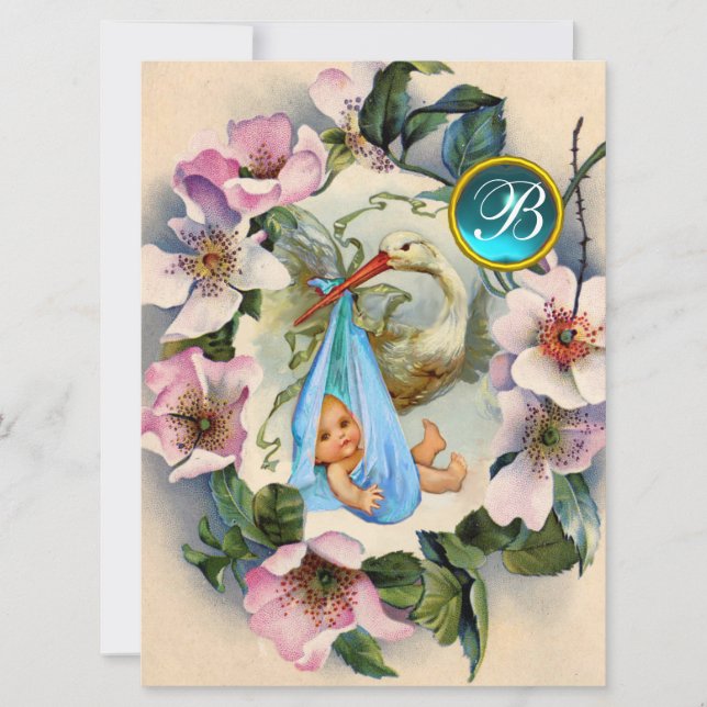 STORK BOY BABY DUSCHE, PINK WILD ROSE MONOGRAM EINLADUNG (Vorderseite)