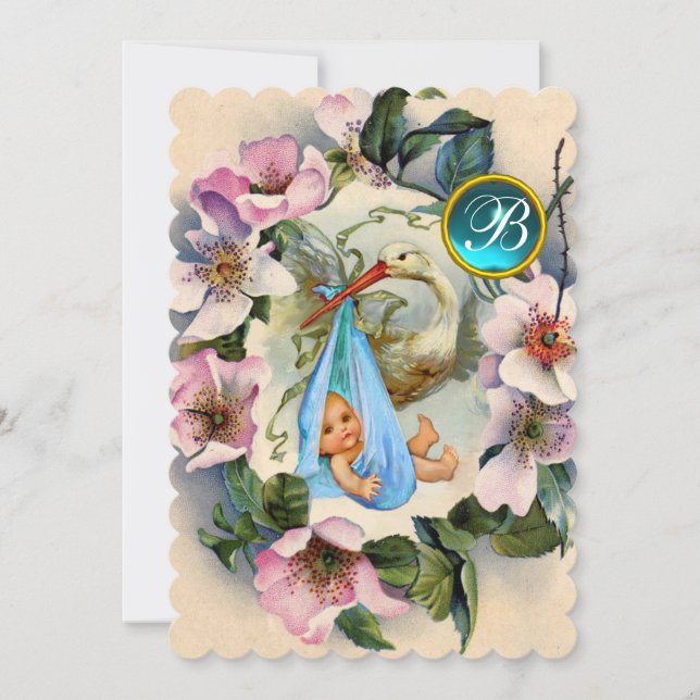 STORK BOY BABY DUSCHE, PINK WILD ROSE MONOGRAM EINLADUNG (Vorderseite)