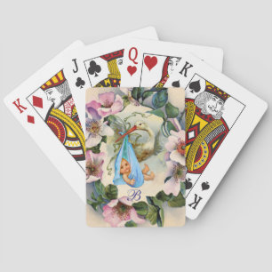 STORK BOY BABY DUSCHE, PINK WILD ROSE MONOGRAM SPIELKARTEN