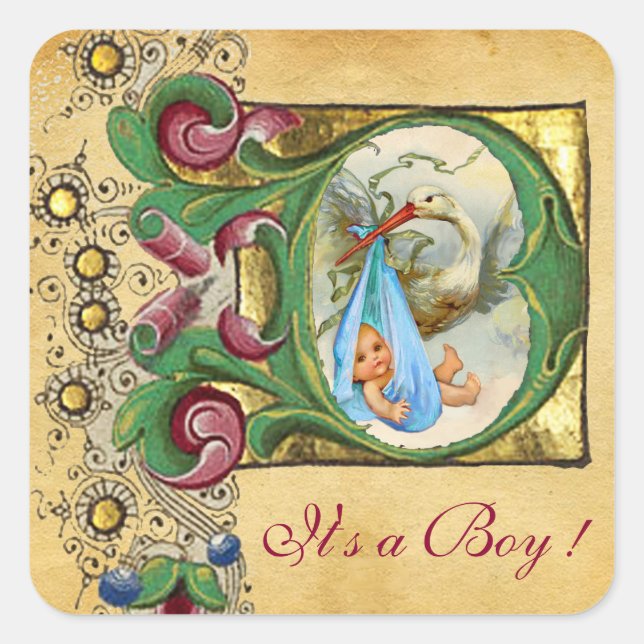 STORK BOY BABY DUSCHMUSTER FLORALPARKPLATZ MONOGRA QUADRATISCHER AUFKLEBER (Vorderseite)