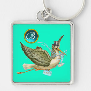 STORK BOY BABY SHOWER BLUE GEM MONOGRAM Aquamarin Schlüsselanhänger