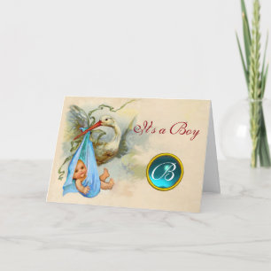 STORK BOY BABY SHOWER BLUE GEM MONOGRAM EINLADUNG
