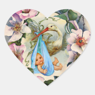 STORK BOY BABY SHOWER CROWING with PINK WILD ROSE Herz-Aufkleber