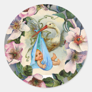 STORK BOY BABY SHOWER CROWING with PINK WILD ROSE Runder Aufkleber