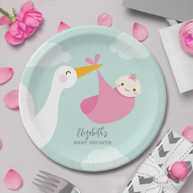 Stork Bundle Girl Babydusche Pappteller (Stork Pink Bundle Girl Baby Shower Paper Plates)