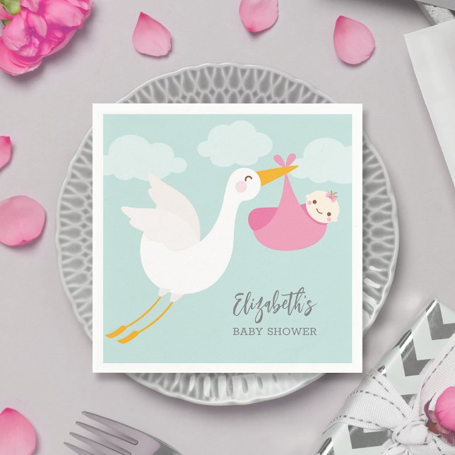 Stork Bundle Girl Babydusche Serviette (Pink stork bundle girl baby shower personalized cocktail napkins)