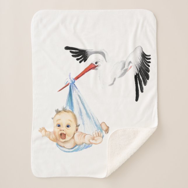 Stork Carry Baby - Cartoon Zeichnend süße Funny Sherpadecke (Vorderseite)