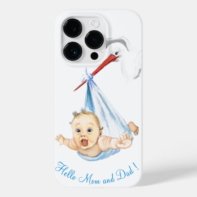 Stork Carry Baby iPhone Case Hallo Mama und Vater (Rückseite)