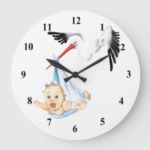 Stork Carrying Baby - Cartoon Drawing Sweet Funny Große Wanduhr