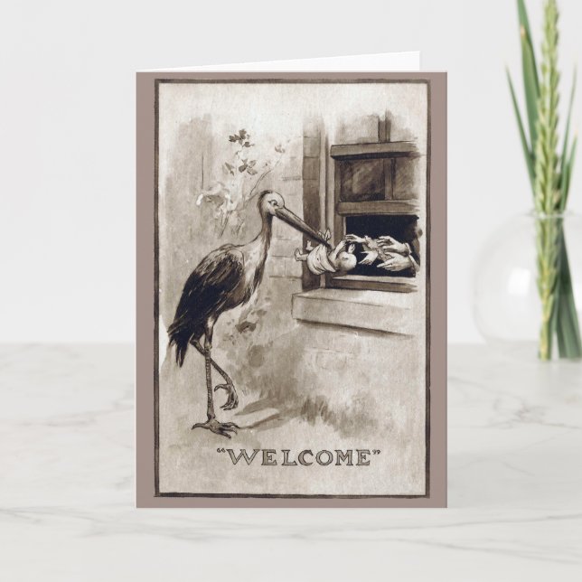 Stork Delivering Baby Vintag Ankündigung (Vorderseite)