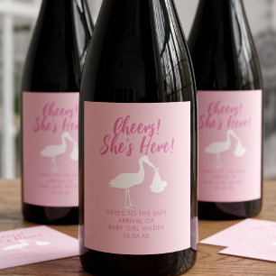 Stork Delivery Cheers Baby Girl Wine Labels Weinetikett