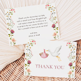 Stork Delivery Pink Floral Garden Girl Baby Shower Dankeskarte