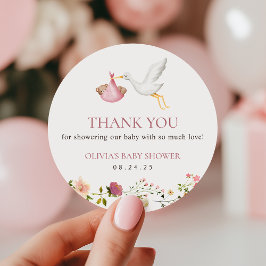 Stork Delivery Pink Floral Girl Baby Shower Favor Runder Aufkleber