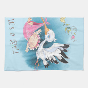 Stork fliegt mit Baby Girl   Geschenk für Baby Geschirrtuch