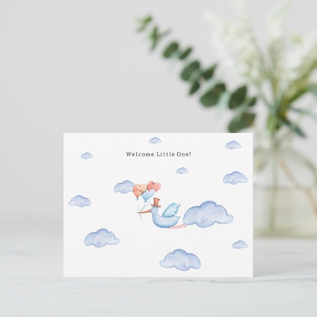 Stork Flying Through The Clouds Welcome New Baby Postkarte (Stehend Vorderseite)