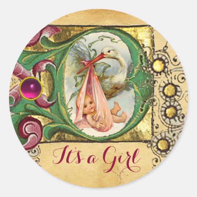 STORK GIRL BABY DUSCHE FLORAL PARCHMONOGRAM RUNDER AUFKLEBER (Vorderseite)